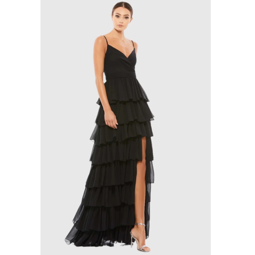 Mac Duggal by Ieena Black V-Neck Gown with Ruffled Skirt
